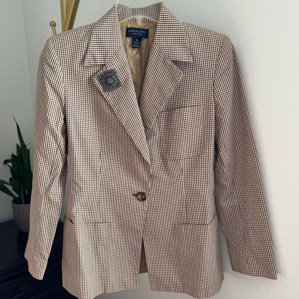 Vintage Ann Klein II Plaid Blazer - 100% Cotton - Brown / Cream - Size 4P